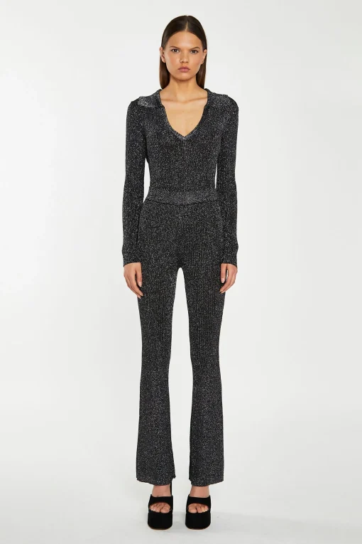 Glamorous Go To Partywear|Co-ords|Black-Silver Rib Flared Trousers -