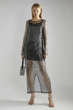 Glamorous Party Dresses|Going Out Dresses|Black-Silver Sequin-Net Midi-Dress -