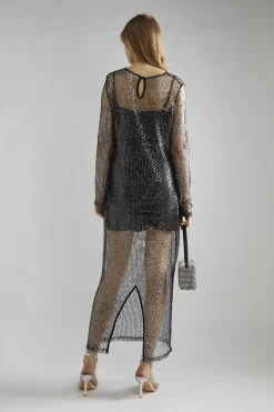 Glamorous Party Dresses|Going Out Dresses|Black-Silver Sequin-Net Midi-Dress -