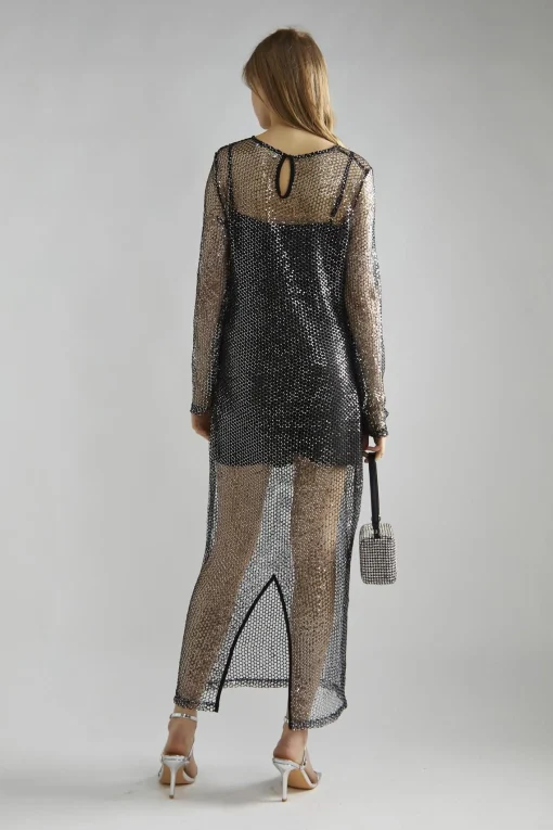Glamorous Party Dresses|Going Out Dresses|Black-Silver Sequin-Net Midi-Dress -