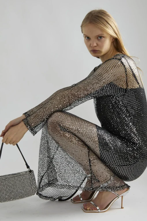 Glamorous Party Dresses|Going Out Dresses|Black-Silver Sequin-Net Midi-Dress -