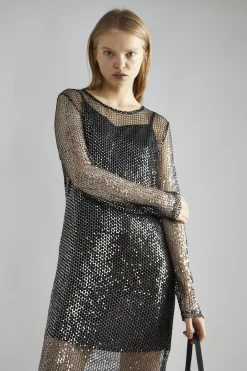 Glamorous Party Dresses|Going Out Dresses|Black-Silver Sequin-Net Midi-Dress -