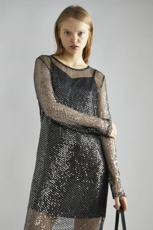Glamorous Party Dresses|Going Out Dresses|Black-Silver Sequin-Net Midi-Dress -