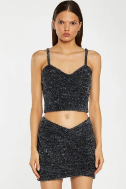 Glamorous Going Out Skirts|Go To Partywear|Black-Silver Tinsel Cross-Over Front Mini-Skirt -
