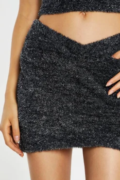 Glamorous Going Out Skirts|Go To Partywear|Black-Silver Tinsel Cross-Over Front Mini-Skirt -