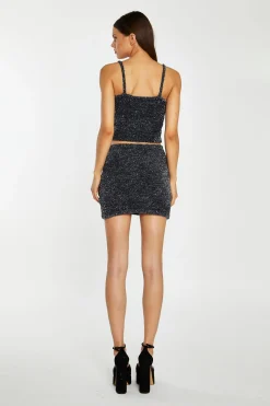 Glamorous Going Out Skirts|Go To Partywear|Black-Silver Tinsel Cross-Over Front Mini-Skirt -