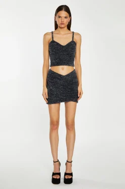Glamorous Going Out Skirts|Go To Partywear|Black-Silver Tinsel Cross-Over Front Mini-Skirt -