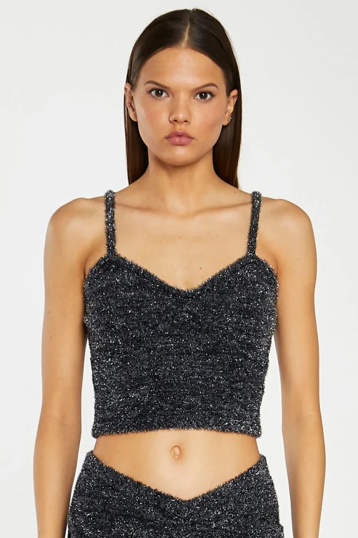 Glamorous Go To Partywear|Co-ords|Black-Silver Tinsel Knitted Cami Crop-Top -
