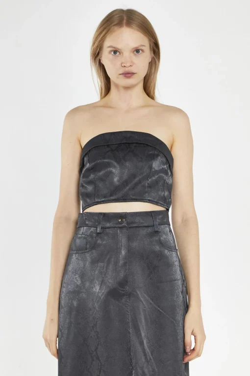 Glamorous Going Out Tops|Co-ords|Black-Snake Pu Bandeau Crop-Top -