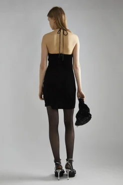 Glamorous Party Dresses|Going Out Dresses|Black-Velvet Halter-Neck Rhinestone-Corsage Mini-Dress -