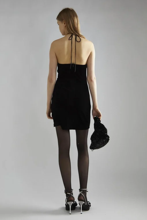 Glamorous Party Dresses|Going Out Dresses|Black-Velvet Halter-Neck Rhinestone-Corsage Mini-Dress -