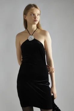 Glamorous Party Dresses|Going Out Dresses|Black-Velvet Halter-Neck Rhinestone-Corsage Mini-Dress -