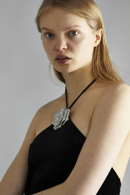 Glamorous Party Dresses|Going Out Dresses|Black-Velvet Halter-Neck Rhinestone-Corsage Mini-Dress -