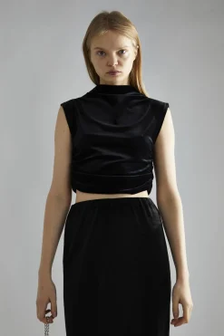 Glamorous Going Out Tops|Glamorous Studio|Black-Velvet Ruched Crop-Top -