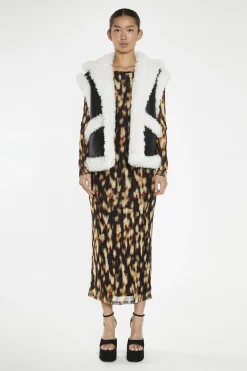 Glamorous Longline Coats|Faux Fur & Leather|Black-White Faux-Shearling Trim Oversized-Gilet -