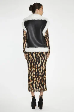 Glamorous Longline Coats|Faux Fur & Leather|Black-White Faux-Shearling Trim Oversized-Gilet -