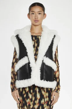 Glamorous Longline Coats|Faux Fur & Leather|Black-White Faux-Shearling Trim Oversized-Gilet -