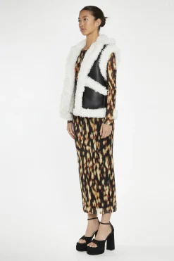 Glamorous Longline Coats|Faux Fur & Leather|Black-White Faux-Shearling Trim Oversized-Gilet -