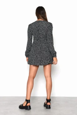Glamorous Mini Dresses|Mini Dresses|Black-White-Flower V-Neck Skater Mini-Dress -