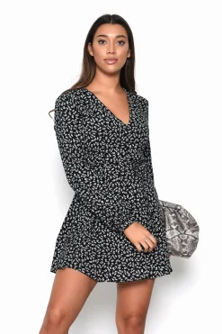 Glamorous Mini Dresses|Mini Dresses|Black-White-Flower V-Neck Skater Mini-Dress -