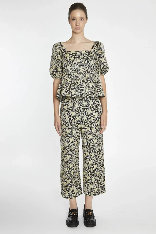 Glamorous Co-ords|Black-Yellow Brocade Cropped Wide-Leg-Trousers -