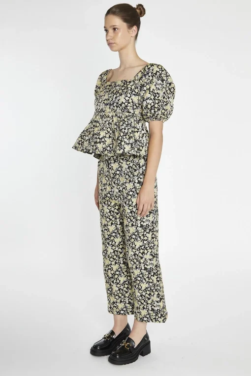 Glamorous Co-ords|Black-Yellow Brocade Cropped Wide-Leg-Trousers -