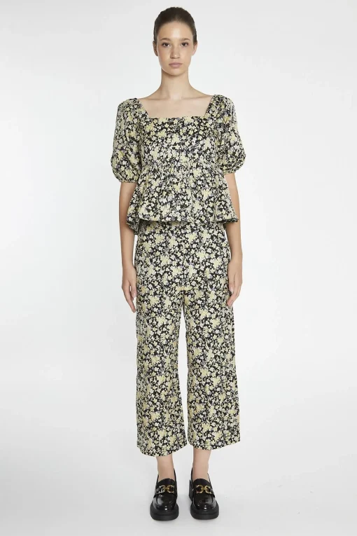 Glamorous Blouses & Shirts|Black-Yellow Brocade Square-Neck Peplum-Top -