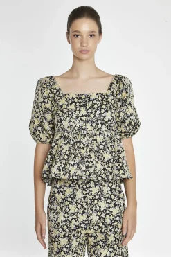 Glamorous Blouses & Shirts|Black-Yellow Brocade Square-Neck Peplum-Top -