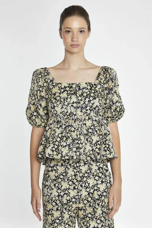 Glamorous Blouses & Shirts|Black-Yellow Brocade Square-Neck Peplum-Top -