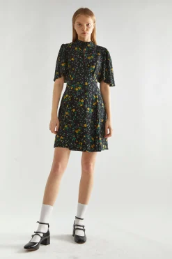 Glamorous Day Dresses|Mini Dresses|Black-Yellow Mini Floral High-Neck Mini Tea-Dress -