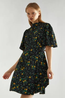 Glamorous Day Dresses|Mini Dresses|Black-Yellow Mini Floral High-Neck Mini Tea-Dress -