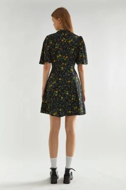 Glamorous Day Dresses|Mini Dresses|Black-Yellow Mini Floral High-Neck Mini Tea-Dress -