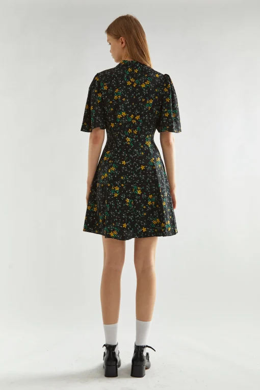 Glamorous Day Dresses|Mini Dresses|Black-Yellow Mini Floral High-Neck Mini Tea-Dress -