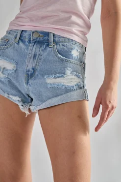Glamorous Denim Shorts|Bleach Stonewash Distressed Denim Shorts -