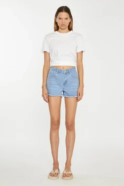 Glamorous Chic Escapes|Denim Shorts|Bleach-Blue Frayed Hem Denim Shorts -