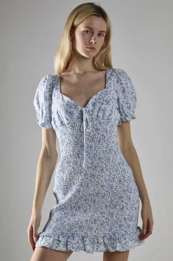 Glamorous Mini Dresses|Mini Dresses|Blue Ditsy Shirred Bodycon Mini-Dress -
