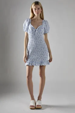 Glamorous Mini Dresses|Mini Dresses|Blue Ditsy Shirred Bodycon Mini-Dress -