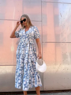 Glamorous Graduation|Best Dressed Guest|Blue Flower Collage Tiered Wrap Maxi-Dress -