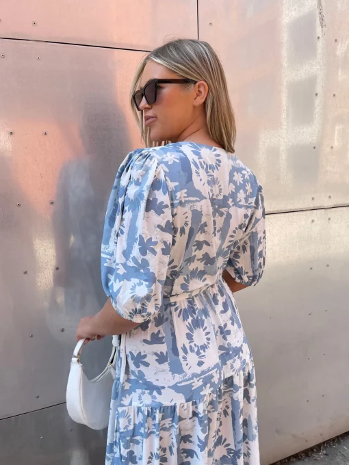 Glamorous Graduation|Best Dressed Guest|Blue Flower Collage Tiered Wrap Maxi-Dress -
