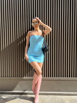 Glamorous Mini Dresses|Mini Dresses|Blue Flower Mesh Bandeau Mini-Dress -