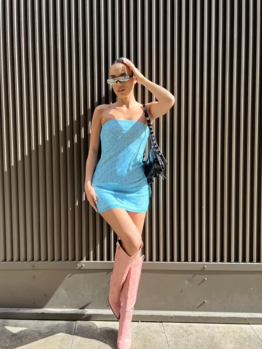 Glamorous Mini Dresses|Mini Dresses|Blue Flower Mesh Bandeau Mini-Dress -