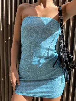 Glamorous Mini Dresses|Mini Dresses|Blue Flower Mesh Bandeau Mini-Dress -