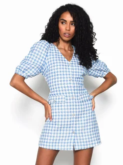 Glamorous Day Dresses|Mini Dresses|Blue Houndstooth Style Mini Dress -