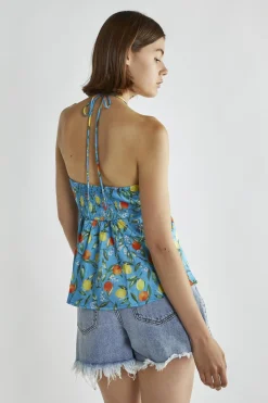 Glamorous Blouses & Shirts|Blue Lemon-Print Halter-Neck Top -