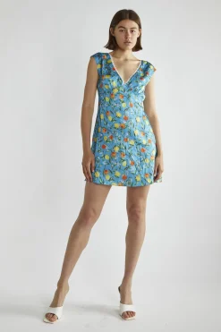 Glamorous Day Dresses|Mini Dresses|Blue Lemon-Print V-Neck Mini-Dress -