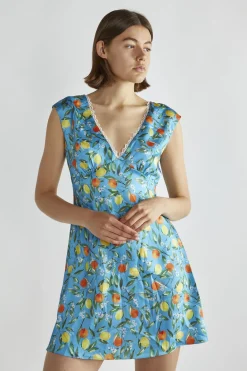 Glamorous Day Dresses|Mini Dresses|Blue Lemon-Print V-Neck Mini-Dress -