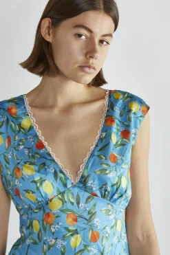 Glamorous Day Dresses|Mini Dresses|Blue Lemon-Print V-Neck Mini-Dress -