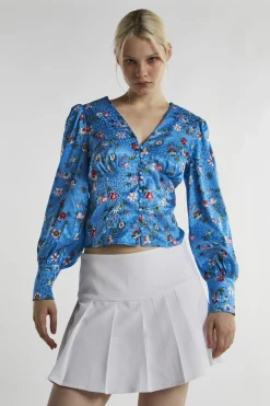 Glamorous Blouses & Shirts|Blue Multi-Floral Long-Sleeve Top -