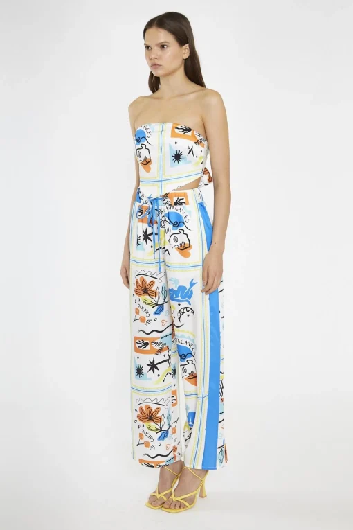 Glamorous Chic Escapes|Co-ords|Blue Scarf-Print Contrast Stripe Wide-Leg-Trousers -