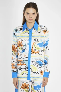 Glamorous Co-ords|Blouses & Shirts|Blue Scarf-Print Oversized-Shirt -